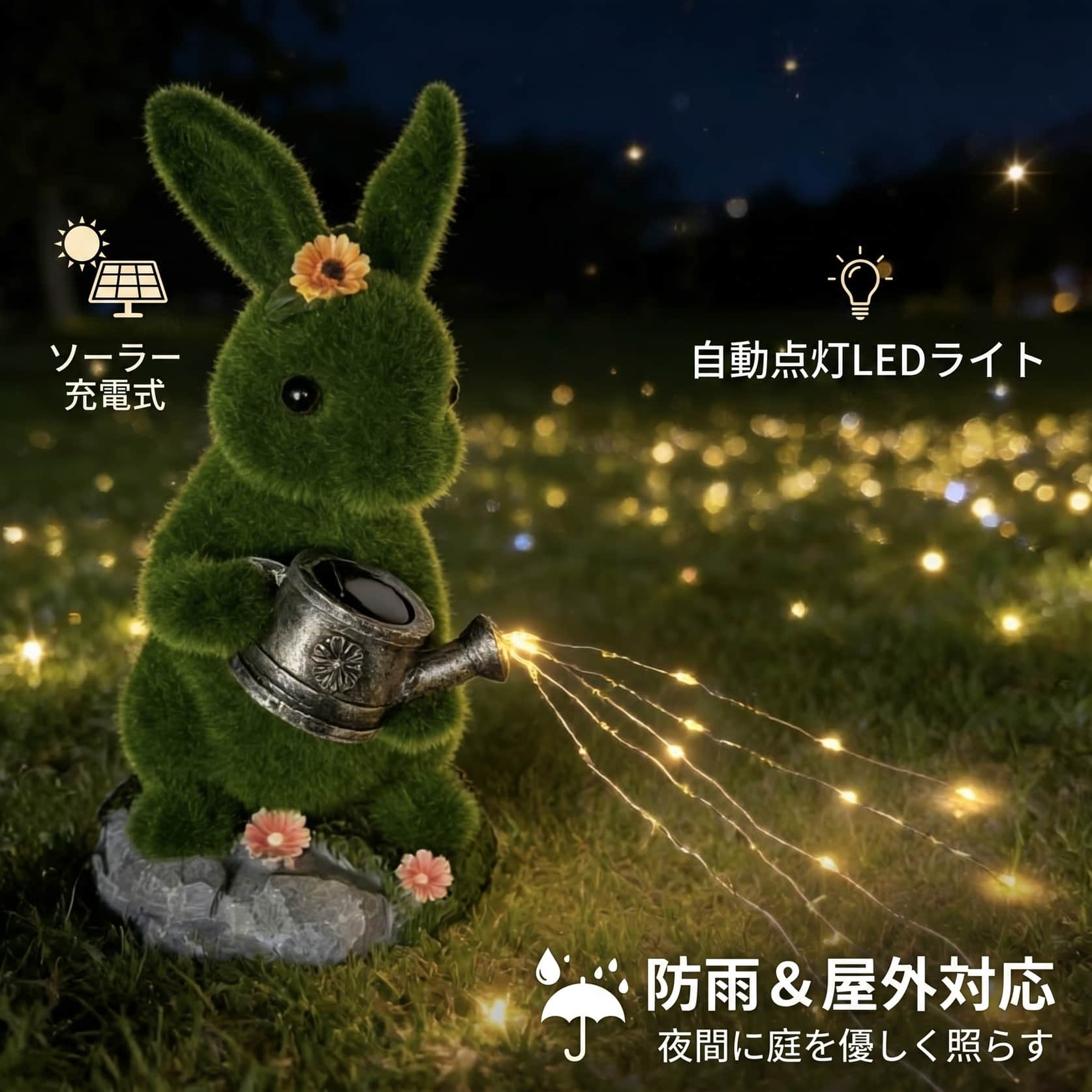 うさぎ 置物 ソーラーライト ガーデンオーナメント ジョーロ 植毛加工 樹脂製 もこもこ 防水 屋外 庭 玄関 階段 飾り おしゃれ 癒し プレゼント 贈り物｜Yokos