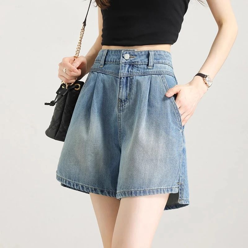 デニム ショートパンツ レディース 夏 カジュアル ハイウエスト Aライン タック ワイド 美脚 脚長 着痩せ ゆったり 涼しい 半ズボン ジーンズ デニムパンツ｜Yokos