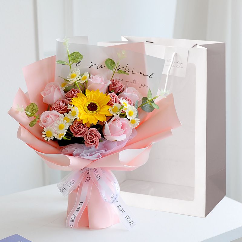 造花 花束 ひまわり バラ 誕生日プレゼント 女性 人気 母の日 卒業式 退職 結婚祝い 記念日 お祝い 枯れない花 石鹸花 ギフト メッセージカード 手提げ袋付き 観賞用｜Yokos