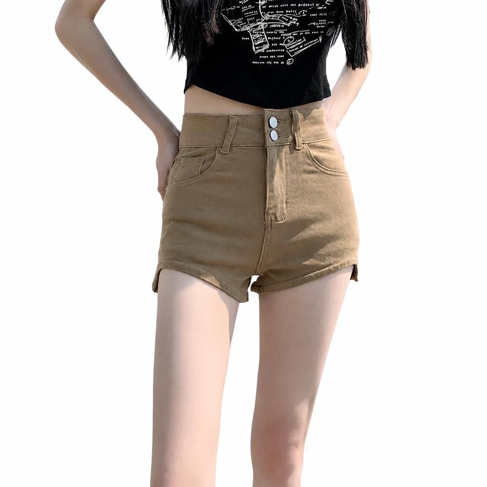 ショートパンツ レディース デニム ハイウエスト 美脚 脚長効果 ホットパンツ タイト ダブルボタン サイドスリット ストレッチ 短パン カジュアル 着痩せ ボトムス 夏 海 リゾート ギャル 10代｜Yokos