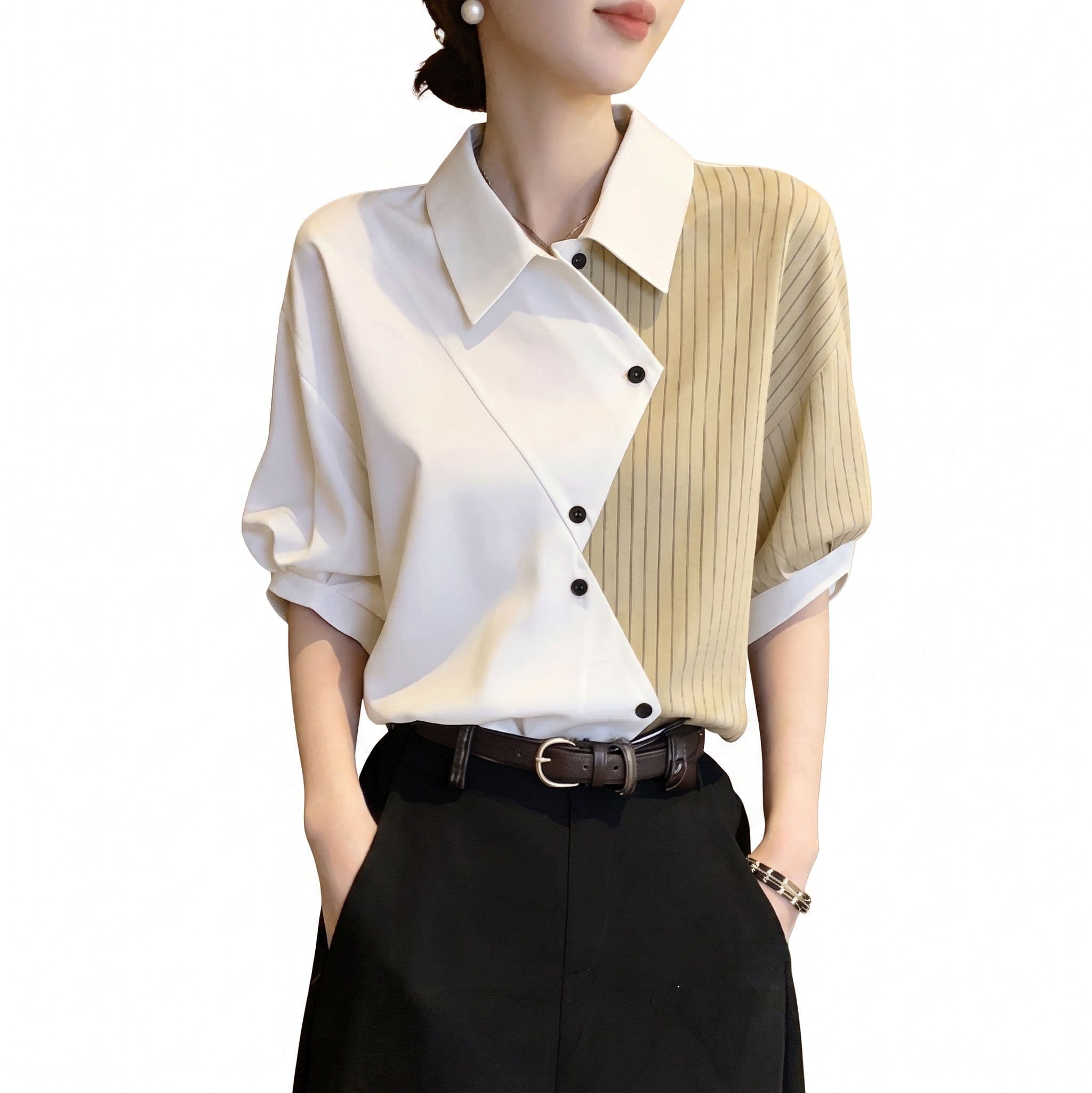 ブラウス レディース 半袖 トップス シャツ アシンメトリー 切り替え ストライプ柄 襟付き 事務服 通勤 オフィス きれいめ 大人可愛い 着痩せ 体型カバー カジュアル おしゃれ 春 夏 秋 五分袖｜Yokos