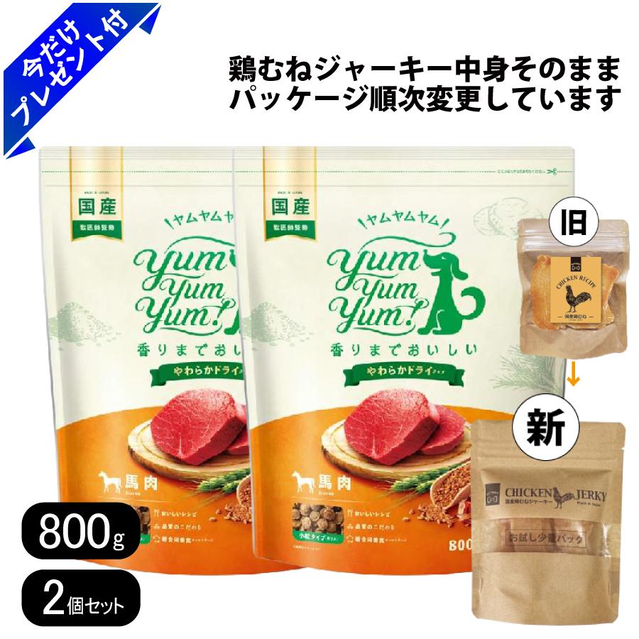 ヤムヤムヤム 馬肉 やわらかドライタイプ 800g 2個セット 国産鶏むねジャーキー付き 小粒 ドッグフード 国産