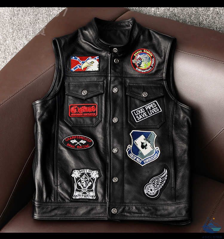 S-4XL オシャレ 秋冬春 ライダースベスト 牛皮 紋章 刺しゅう 本革より良い 自動二輪車お召しもの 黒いこと 革より良い 心地よい ノースリーブジャケッ