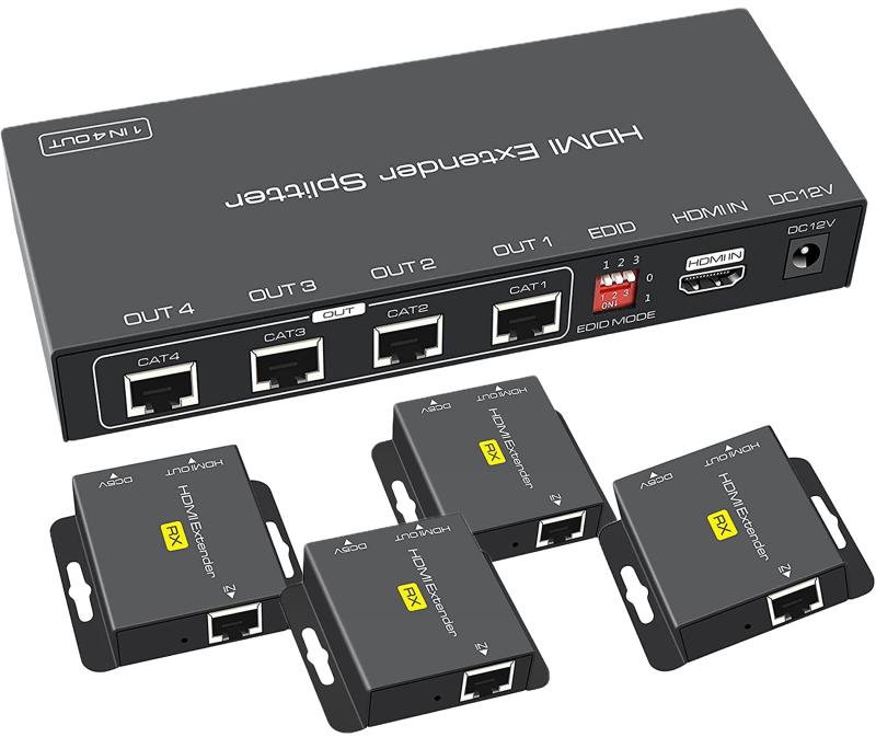 4最終生産物HDMI ローカルエリアネットワーク エクステンダー 取りひろげる分かちあう器 一斉に最終生産物 4 ローカルエリアネットワーク 最終生産物 HDMI スプリッター 単ワット数 HDMI 取りひろげる器1080P 盛りだくさん固定ディスク 50Mまで取りひろげる 1インプット 4最終生産物 4画面 CAT6 CAT6A CAT7 相応う TX 4RX 書き割り DC