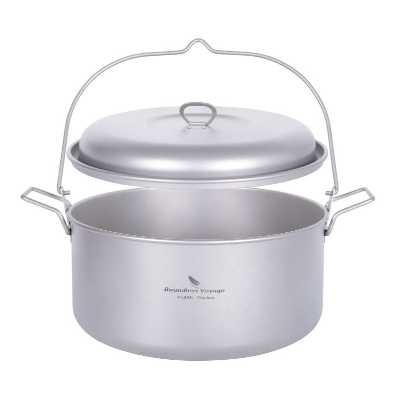 Boundless Voyage チタンクッカーセット 吊り鍋 4.5L 蒸し器鍋 二段蒸し器 蓋付き添い人 超軽さ 折りたたみ手持ち部分 難民キャンプ吊り下げ鍋 直火 アウトドアクッカー 膳立て手道具 納める袋付き添い人