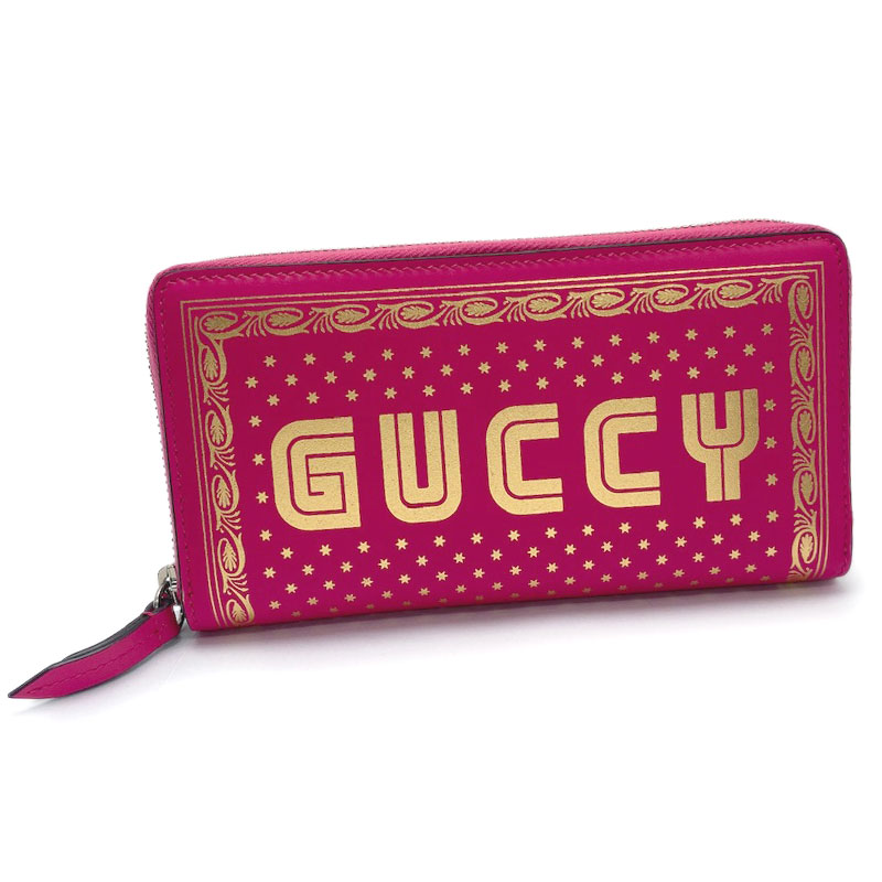 GUCCI グッチ ラウンドファスナー長財布 レザー ピンク ゴールド 524966 GUCCYプリント セガロゴプリント 2018年SSコレクション 【中古】｜よろず屋京都