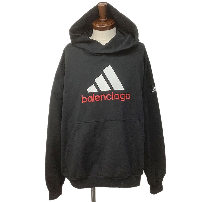 BALENCIAGA &times; adidas バレンシアガ アディダス プルオーバーパーカー コットン ブラック #1 724568 TNVP9 1089 スリーバーロゴ刺繍 フーディー 【中古】｜よろず屋京都 59,400円