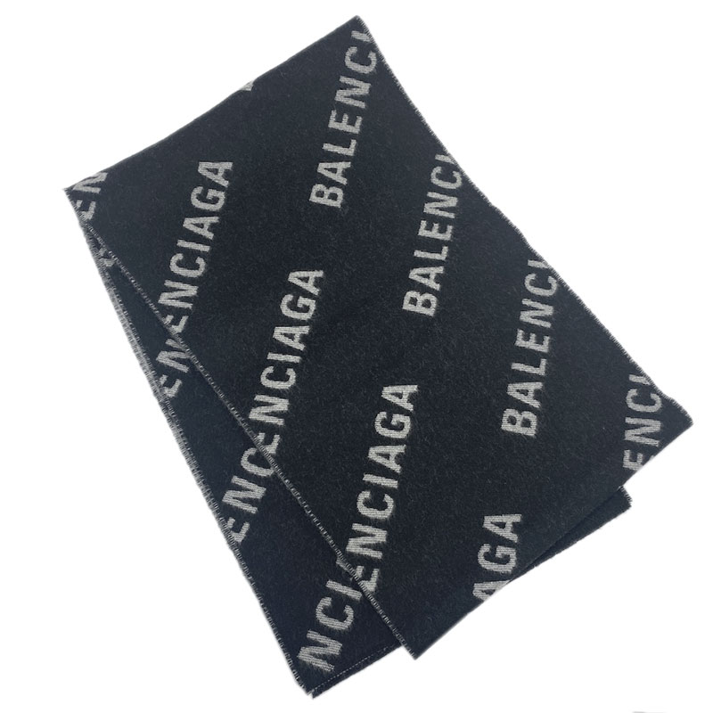 BALENCIAGA バレンシアガ マフラー ウール ブラック グレー 673133 文字ロゴ総柄 【中古】