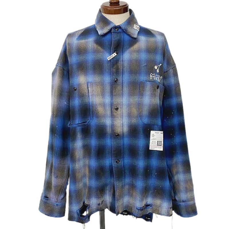 Maison MIHARA YASUHIRO メゾン ミハラ ヤスヒロ ヴィンテージライクチェックシャツ コットン ブルー ブラック #46 J12SH073 チェック柄 ヴィンテージ加工 ペイント 刺繍 オーバーサイズ 長袖シャツ 24SS 【中古】