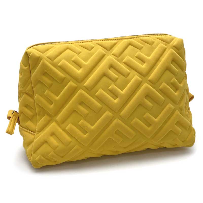 FENDI フェンディ トワレット ミディアム ポーチ ファブリック イエロー 8N0171AFCK ゴールド金具 ナイロン FFロゴ ズッカ柄 エンボス 化粧ポーチ コスメポーチ 【中古】