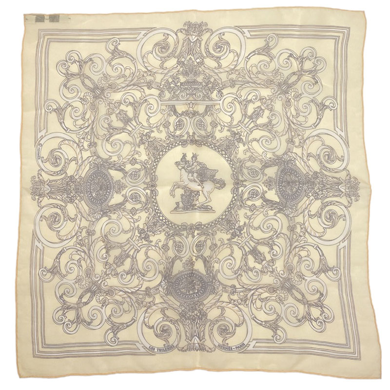 HERMES エルメス プチカレ カレ45 スカーフ &ldquo;チュイルリー公園&rdquo; シルクモスリン シルク イエロー ブラウン "LES TUILERIES" シースルー 【中古】｜よろず屋京都