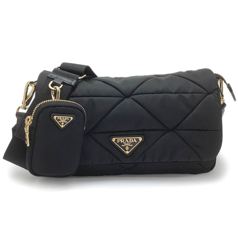 PRADA プラダ パデッドRe-Nylon ショルダーバッグ リサイクルポリアミド ナイロン 黒いこと 1BD290_RDJN_F0632_V_D9M ゴールド金具 トライアングルステッチパディング トライアングルロゴプレート クロスボディバッグ 【中古】