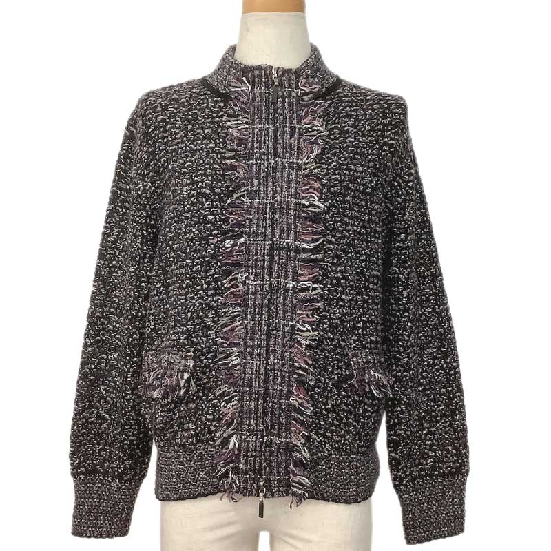 CHANEL シャネル 編み物上衣 羊毛 ナイロン 綿織物 モヘヤ 黒いこと マルチ色合い P26331W03597 B2820 #42 ツィード フロントジップ 上衣 【中古】