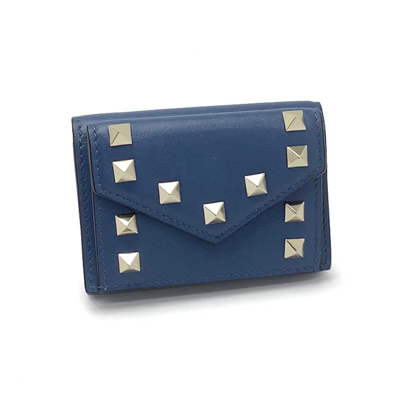 VALENTINO GARAVANI ヴァレンティノガラヴァーニ コンパクトウォレット レザー ブルー ロックスタッズ ゴールド金具 三つ折り財布 ミニ財布 ヴァレンチノ 【中古】