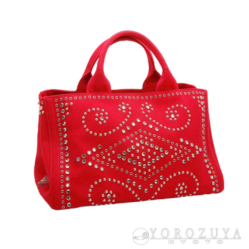 プラダ Bn2642 中古 カナパトート スタッズ Prada 送料無料 プラダ ビジュー キャンバス レッド Bn2642 2way キャンバス トートバッグ 代引手数料無料 よろず屋京都 ショルダーバッグ