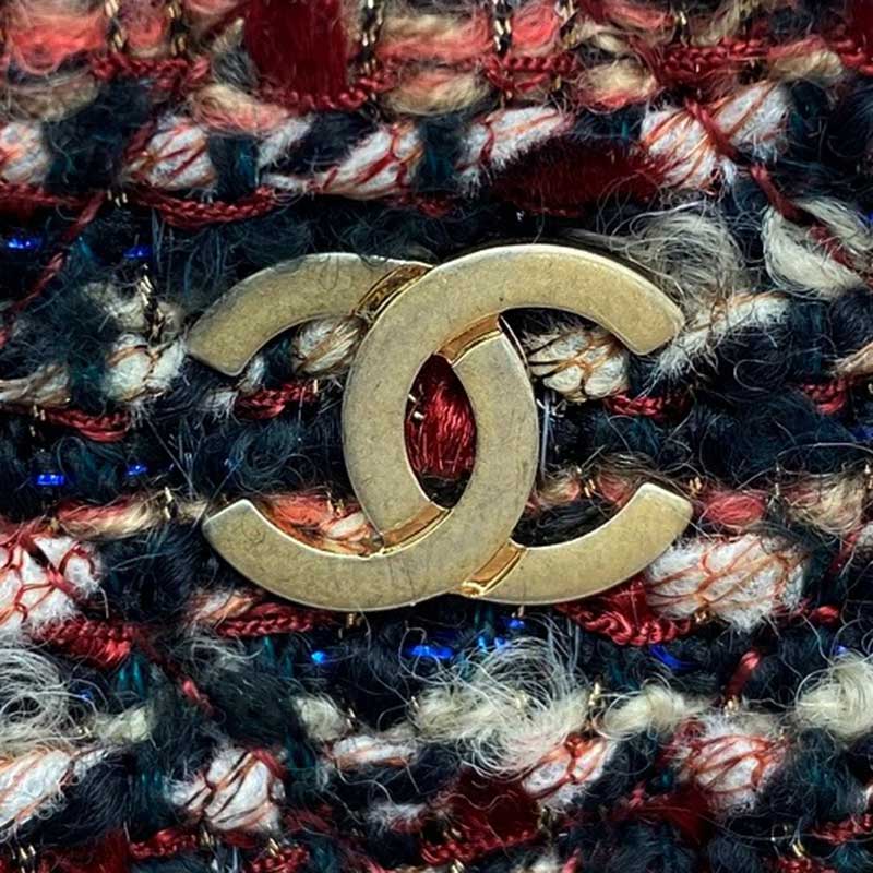 新着 Chanel 中古 ドングリ 葉チャーム ゴールド金具 ポシェット マルチカラー レッド レザー ツイード サークル ミニチェーンショルダー シャネル バッグ