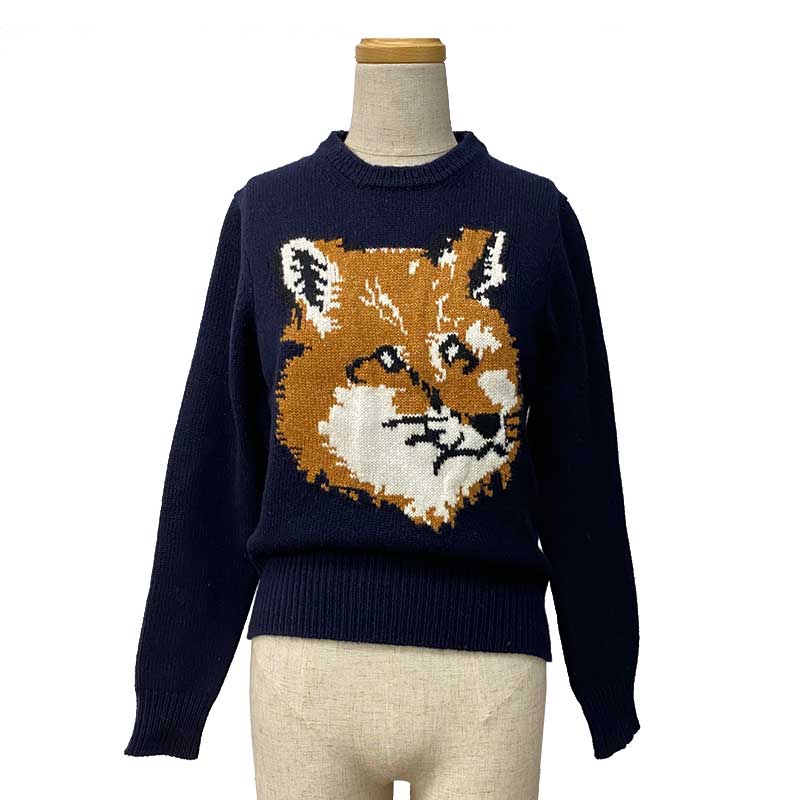 Maison Kitsune メゾンキツネ 長袖セーター ネイビー ブラウン ウール Xs Fox Head Pullover キツネ ラメ 中古 Fmcholollan Org Mx