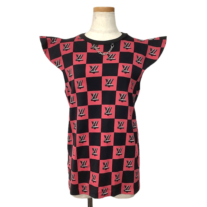 LOUIS VUITTON ルイ・ヴィトン ツイストロック ノースリーブ トップス カットソー コットン ブラック ピンクレッド #M RW181B HAI FETS79 格子柄 首元チェーン 【中古】｜よろず屋京都