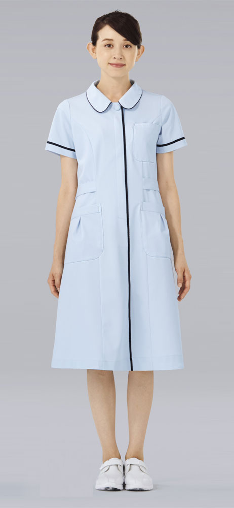 白衣　女性用、ナースワンピース白衣 カラー／サックス×ネイビー022-21