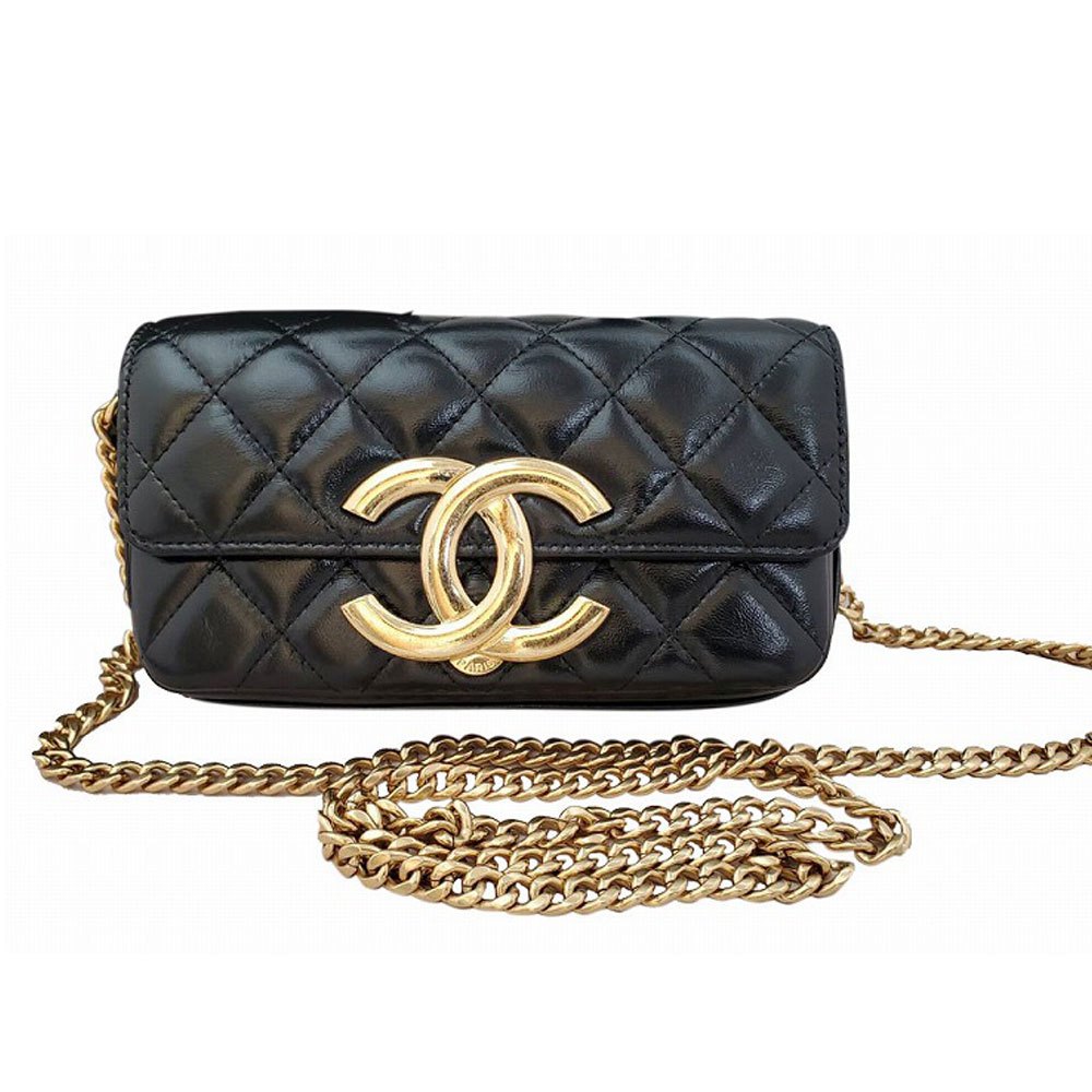 【百貨店SALE10％OFF】【新品負けず劣らず・未当て嵌める品】  シャネル  CHANEL  シャイニーラムスキン  マトラッセ  チェーン店肩肉  電話機容れもの  黒いこと/PW23044