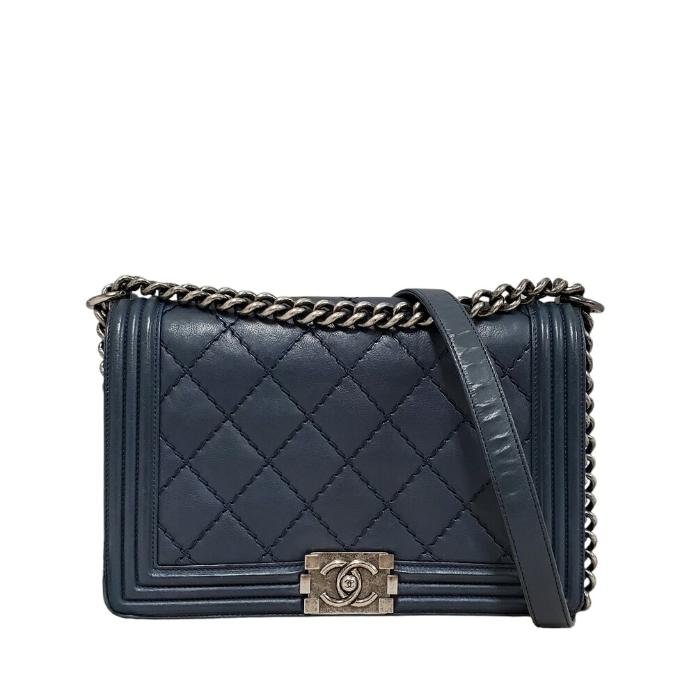 【中古】シャネル CHANEL ラムスキン ボーイシャネル CHANEL チェーンショルダー ラージ A92193 ネイビー/MA2407015｜吉川質店 店 230,580円