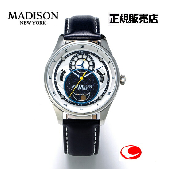 MADISON NEW YORK マディソン ニューヨーク 腕時計 イカロス　MA011011-2　時・分・秒、マルチカレンダー（月・日付・曜日）、ムーンフェイズ　ネイビー カーフストラップ｜ウォッチ・ジュエリーのヨシイ
