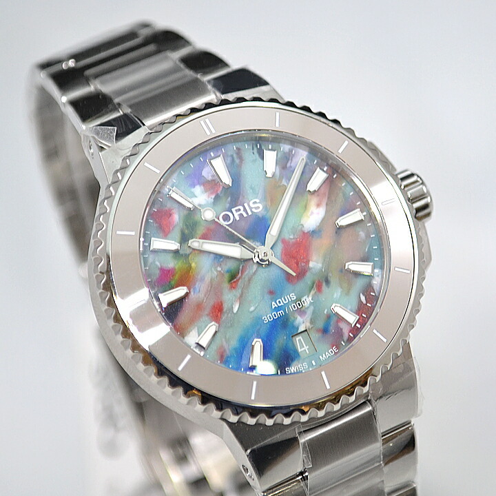 （最強配送） [オリス]ORIS AQUIS(アクイス) デイト アップサイクル 01 733 7770 4150-Set　国内正規品　36.5mm径　ユニセックス 自動巻き 　30気圧(300m) 防水 セラミック製逆回転防止ベゼル 【マイオリス登録でメーカー3年間保証】