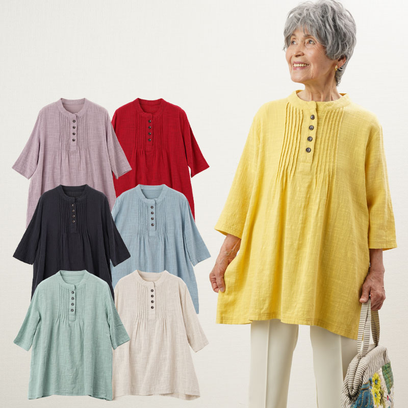 【母の日お届け指定 無料ラッピング】シニアファッション レディース 80代 春夏 涼しいシャツ 70代 90代 綿100% 七分袖 ピンタックチュニックブラウス おばあちゃん 服 婦人服 女性 ミセス 祖母 ギフト 母の日 プレゼント 実用的