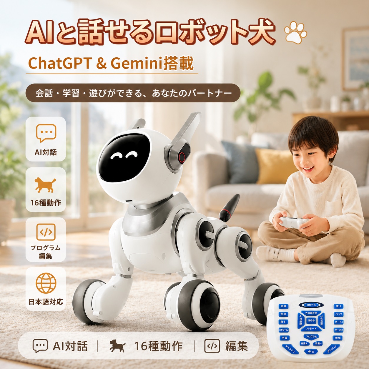 【人工知能学人造人間犬】ChatGPT＆Gemini相応う 人工知能学話し合い 知育手あそび 人造人間 手あそび 電動人造人間 犬型 プログラム 愛玩動物 語り合う 動く手あそび 16種動くこと 社交ダンス 歌 遠隔操作 小わっぱ向け 知育手あそび 愛玩動物 生まれ落ちる日 クリスマス 差し上げ物 差し上げ物 差し上げ物 4歳以上