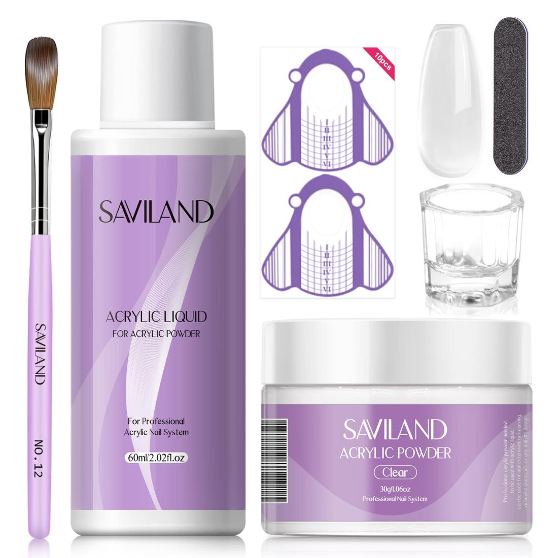 Saviland アクリル ネイル キット - 30g クリア アクリル パウダーと 60ml アクリル リキッド セット アクリル ネイル ブラシ ネイル フォーム ツール セット 家庭用 DIY サロン アクリル ネイル アプリケーション用のすべてを備えた初心者向けエクステンション ネイル キッ