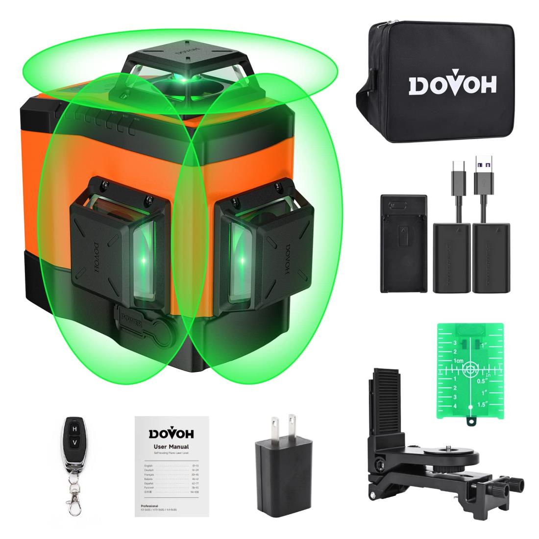 DOVOH レーザー墨出し器12ライン 緑色レーザーレベル 高輝度レーザー 大矩フル ライン照射モデル 20m作業範囲高精度自動水平 2電源方式Type-C充電可能 受光器対応 K3-360G