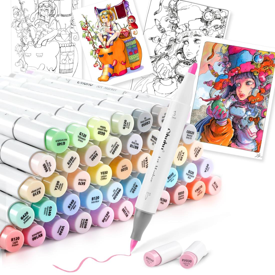 Ohuhu マーカーペン 筆タイプ 48薄色 プロ愛用 パステル イラスト イラストマーカー 筆・太字 ブレンダーペン1本付き Honolulu シリーズ