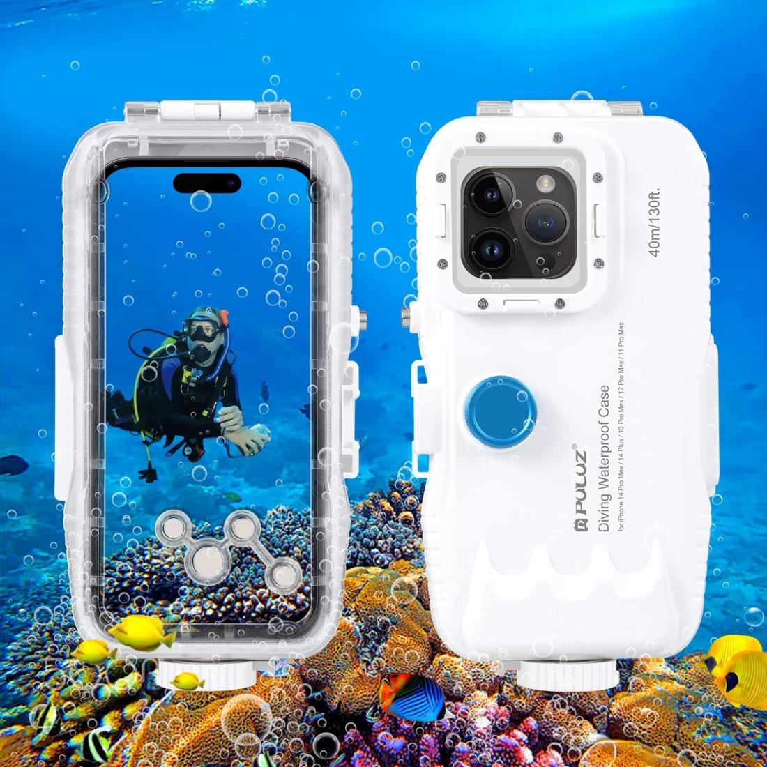 PULUZ iPhone 15 Pro Max 15 Plus 14 Plus ＆ 14 / 13 / 12 / 11 Pro Max用 防水ケース 40m ワンウェイバルブ水中ダイビングケース プロフェッショナル防水ハウジング保護カバーケース サーフィン シュノーケリング 水中写真 ビデオ撮影用