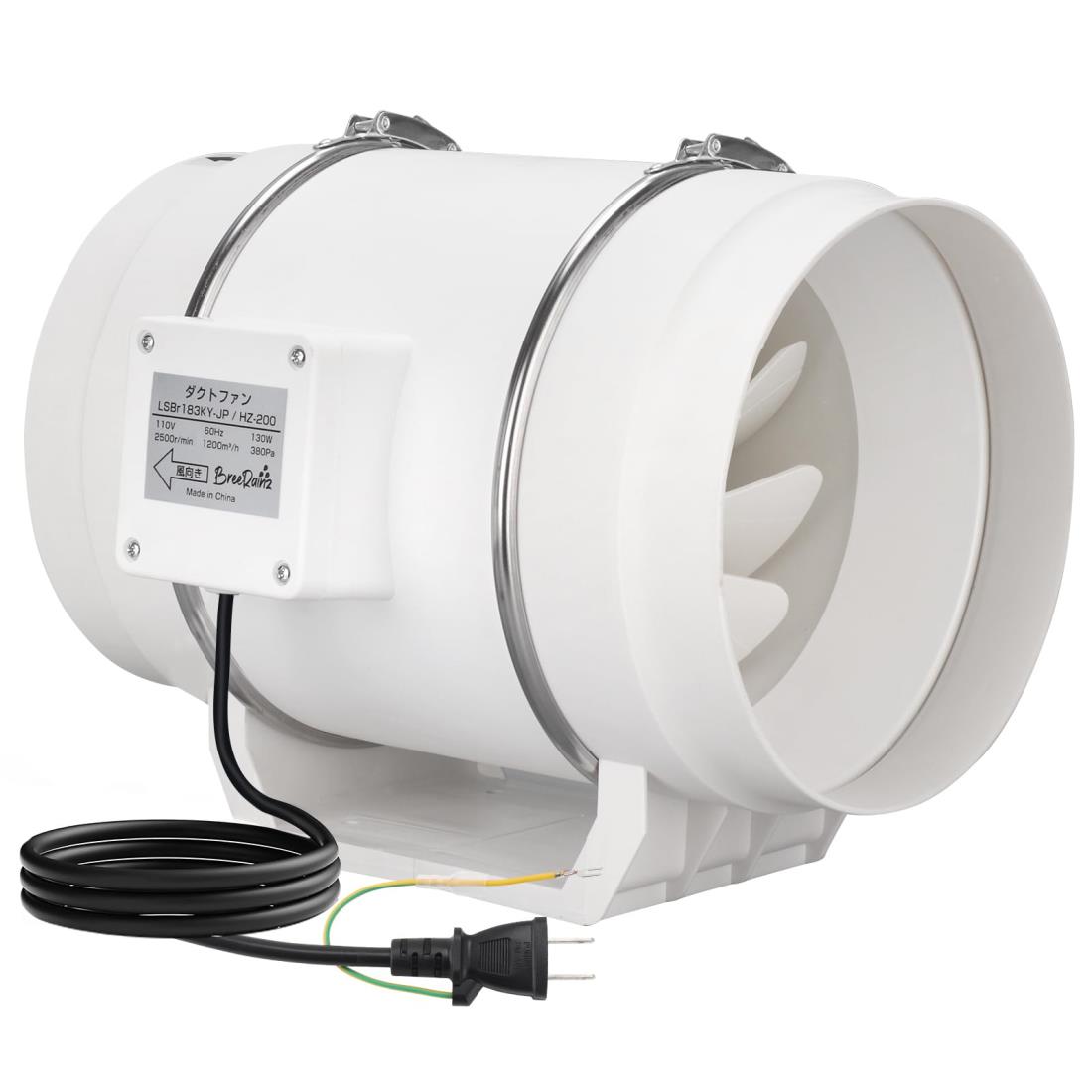 BreeRainz ダクトファン Φ200mm ダクト用換気扇 1200m?/h 大風量 強力 省エネ 排気ファン 中間取付 塗装ブース用 家焼肉 家庭用 業務用 排風機 丸形タイプ 日本仕様電源プラグ (200mm)