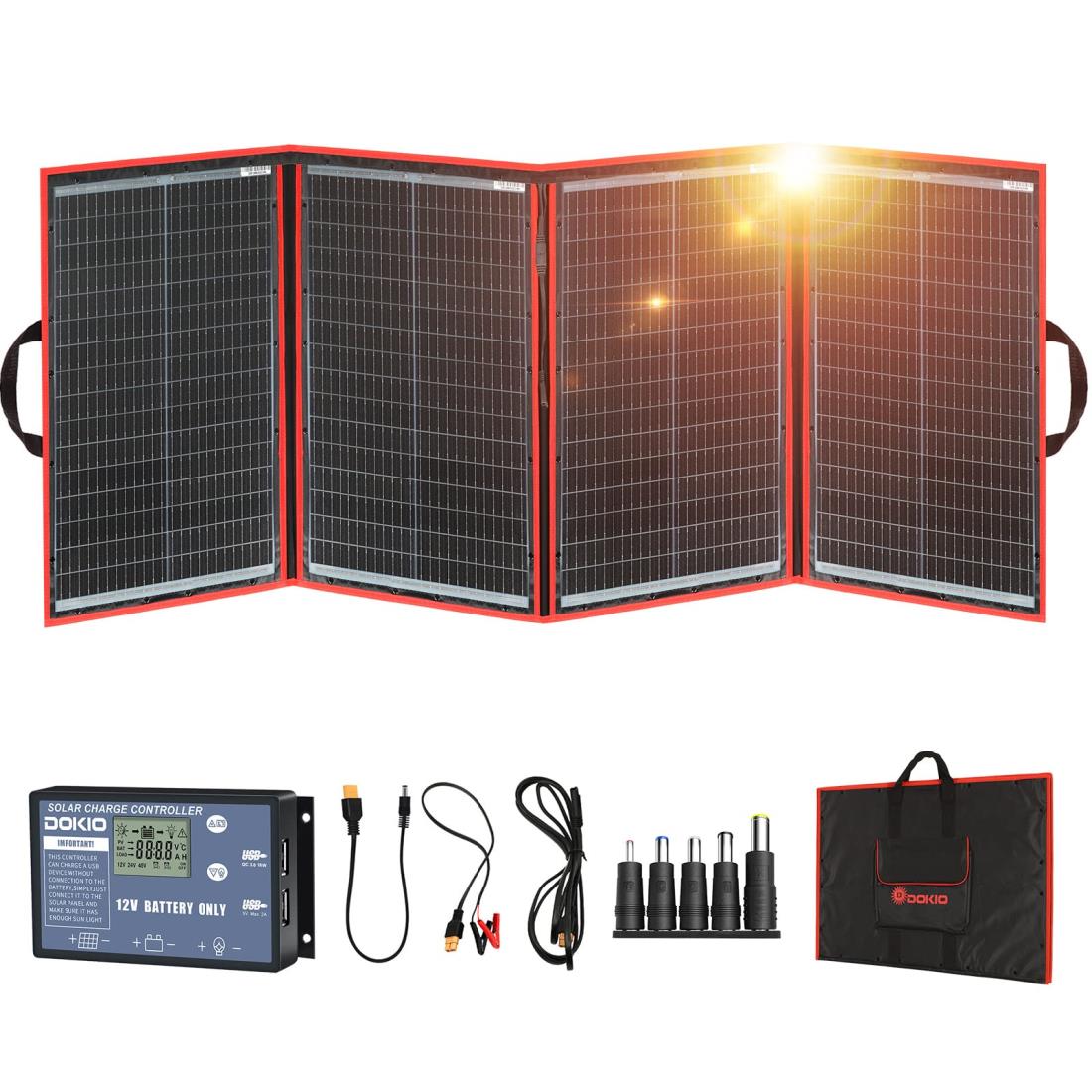 DOKIO ソーラーパネル 200w 折りたたみ セット18v 単結晶 太陽光発電パネルコントロー ラー付き usb 出力端子 ポータブル電源と12ｖバッテリ充電対応 防災グッズ/車中泊/非常用電源