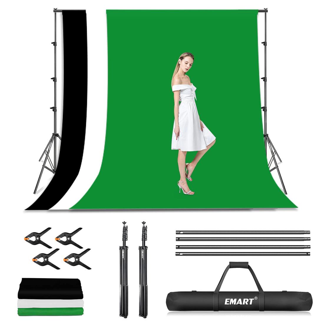 EMART 背景スタンド 260x300cm 背景スタンドセット 背景布白 黒 緑 背景180x280cm 撮影スタンド グリーンバックスタンド 背景布/背景紙に適用 組み立ては簡単 安定性がよい 写真スタジオ、ビデオ通信、クロマキー合成、誕生日、パーティーなどに適用 (強力クリップ、キャリー