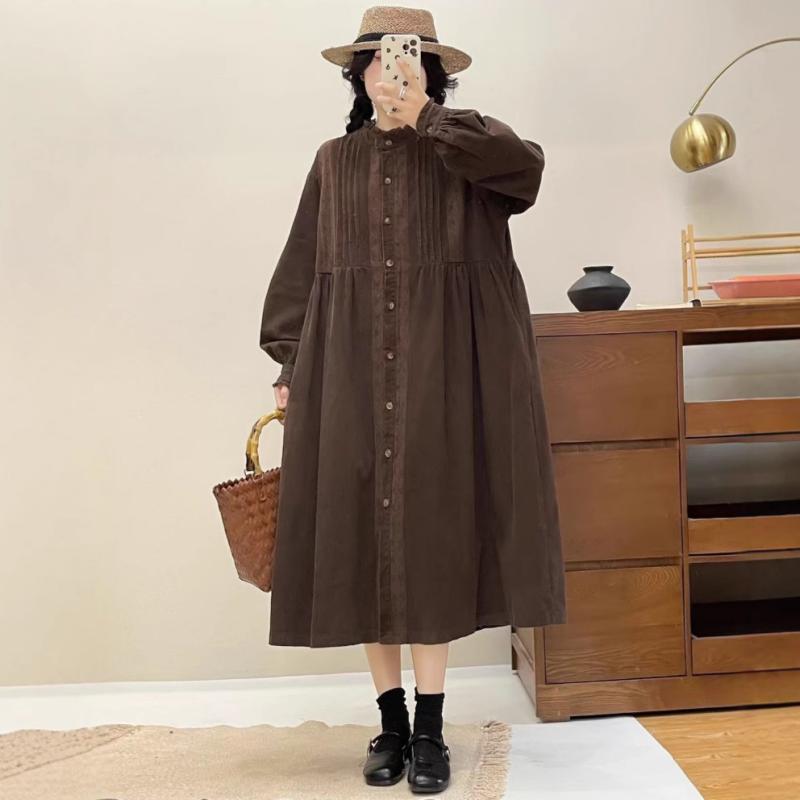 ワンピース レディース 森ガール 長袖 コーデュロイ ドレス クラシック レトロ 文学風 フリル プリーツ 秋冬物 ロング丈 Aライン 膝丈 清楚 かわいい 普段使い 通勤 通学 デート お出かけ ナチュラル シンプル 柔らかい 肌触り良い 厚手 暖かい｜YOU SHOP PRO