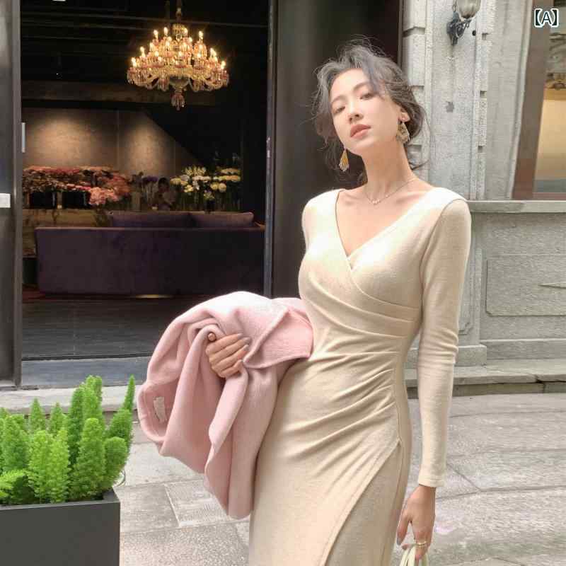 ワンは 遅くない ロング ニット ドレス 長袖 スリット Vネック スリミング ウエスト 秋冬 ヒップ スカート 女性用
