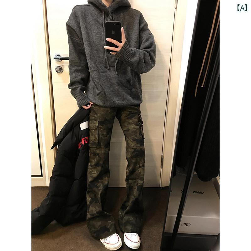 アメリカン レトロ 迷彩 フレア オーバー オール メンズ 春秋 風 ストリート パンツ クリーン フィット スリム ジーンズ