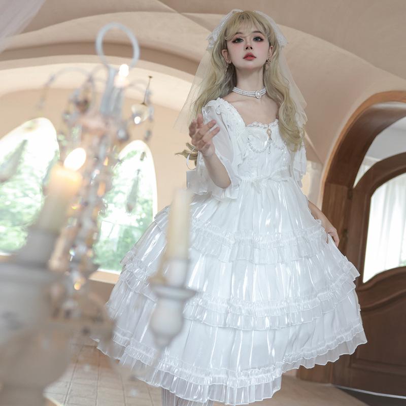 ワンピース レディース ロリータ ドレス ジャンスカ JSK 星柄 チュール切り替え ふんわり フレア かわいい 姫系 クラシカル ホワイト｜YOU SHOP PRO