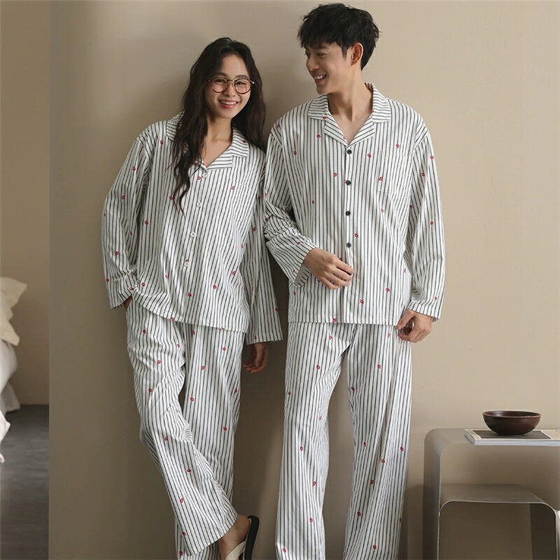 ペア パジャマ 長袖 男女2着 セット カップル 春 秋 ニット 長袖トップス 綿 前開き ストライプ ルームウェア ポリエステル 冬 ペアパジャマ 結婚祝い プレゼント お祝い おもしろ 部屋着 春秋 夫婦 ギフト 上下セット レディース メンズ