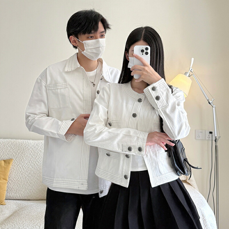 【48 時間限定 クーポン利用で 200 円 OFF】ペアルック ジャケット トップス スリムフィット 着痩せ ショート丈 秋 前開き 長袖 アウター 大きいサイズ カップル お揃い 服 クリスマス プレゼント リンクコーデ ペア ブランド パーカー コーデ メンズ かわいい 韓国風 人気