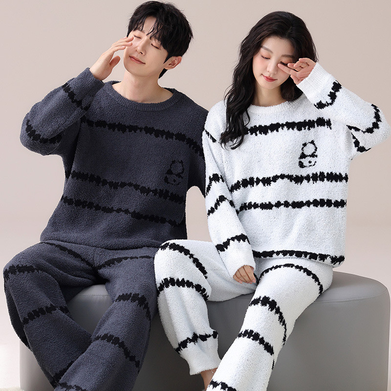 【48 時間限定 クーポン利用で 200 円 OFF】ペアパジャマ もこもこ 冬 男女2着 セット 厚手 裏起毛 カップル ストライプ パジャマ 秋冬 ルームウェア おしゃれ ペア 長袖 クルーネック レディース 夫婦 メンズ 上下セット 秋 結婚祝い プレゼント お祝い お揃い ギフト