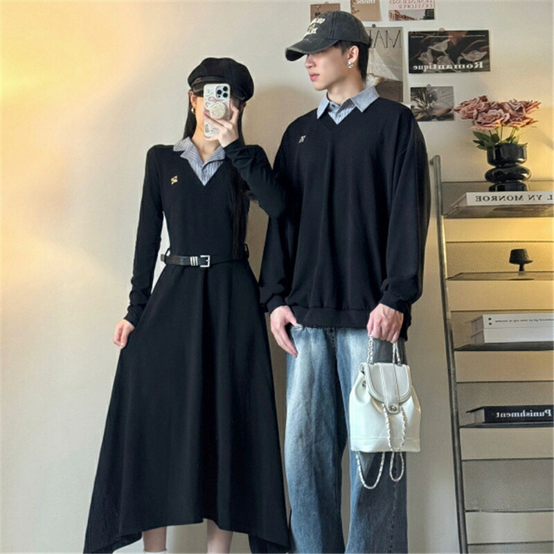 【48 時間限定 クーポン利用で 200 円 OFF】ペアルック トレーナー ワンピース パーカー 秋 長袖トップス 重ね着レイヤード 男女2着セット ブランド カップル お揃い 服 冬 レディース おしゃれ ペアルックトレーナー 大きいサイズ リンクコーデ プレゼント コーデ メンズ