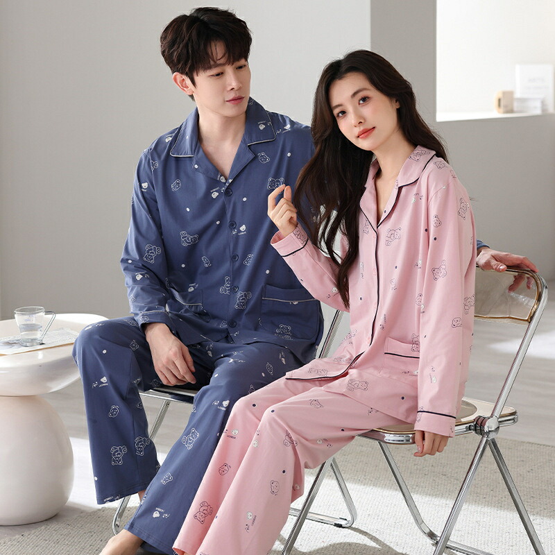 【48 時間限定 クーポン利用で 200 円 OFF】ペア パジャマ 長袖 男女2着 セット 綿100％ クマ ポケット 前開き セットアップ カップル 春 秋 秋冬 長袖トップス ロングパンツ ルームウェア 冬 コットン ペアパジャマ 結婚祝い プレゼント お祝い おもしろ 春秋 夫婦 ギフト 4,412円