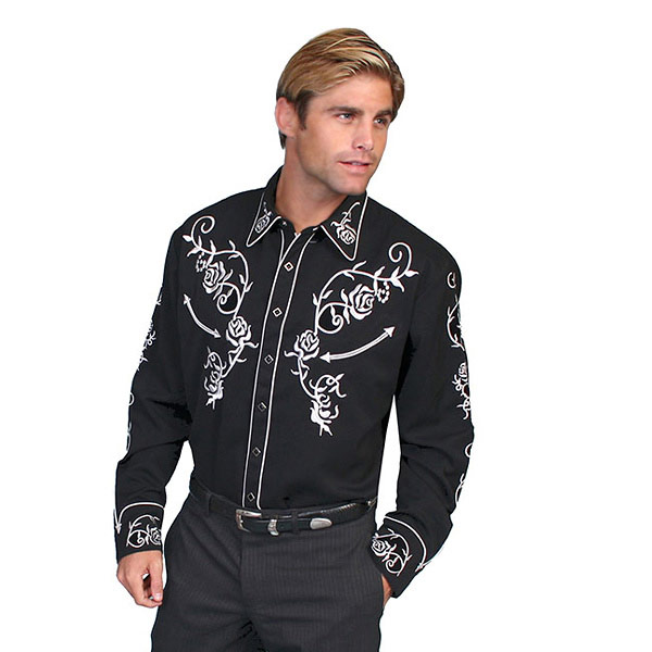 長袖シャツ 【RCP】 フラワー 薔薇 バラ 黒 #912137スカリー ブラック フローラル刺繍入りウエスタンシャツ - MENS FLORAL YOKE EMBROIDERY AND SLEEVE SHIRT S M L XL P 706 JET (Scully) ステージ衣装 花 ロカビリー 大きいサイズ