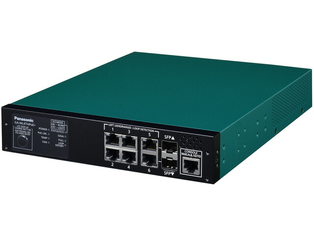 【ポイント10倍】 パナソニック ネットワークハブ GA-ML4THPoE+ PN260494 [グリーン/ブラック] [転送速度：10BASE-T(10Mbps)/100BASE-TX(100Mbps)/1000BASE-T(1000Mbps) ポート数：6 スイッチングファブリック：12Gbps PoE対応：○ 電源内蔵：○] 【P10倍】