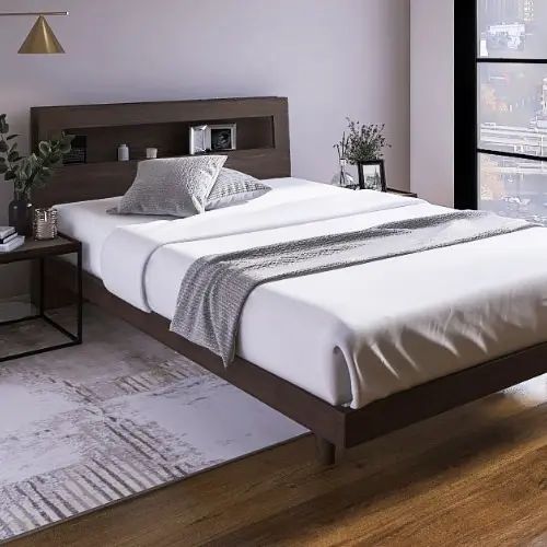 [ベッド ダブル] フランスベッド 幅155cm 収納付き 照明付き すのこ マットレス付き 脚付き 棚付き コンセント付き 防ダニ 抗菌 防臭 日本国産 ウォルナット柄 モダン 高級感 フランスベッド 高さ調整 低ホルムアルデヒド ナチュラル 幅98cm 長さ206cm