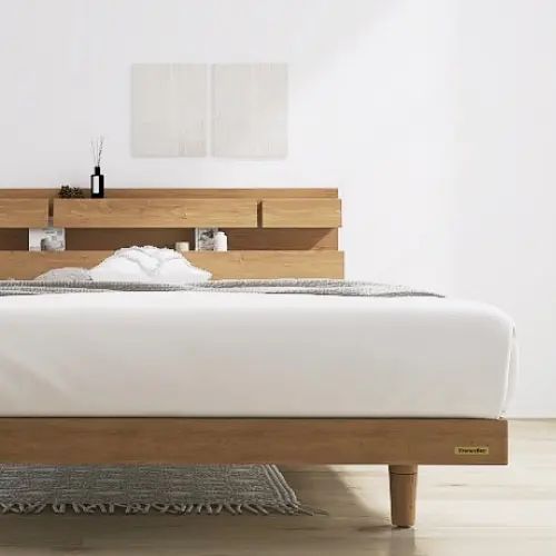 [ベッド クイーン] フランスベッド 幅172cm 収納付き すのこ 照明付き マットレス付き 脚付き 棚付き コンセント付き 防ダニ 抗菌 防臭 日本国産 北欧風 ナチュラル モダン 木目調 フランスベッド 高さ調整 低ホルムアルデヒド ナチュラル 幅83cm 長さ206cm｜ユアダイニング 店