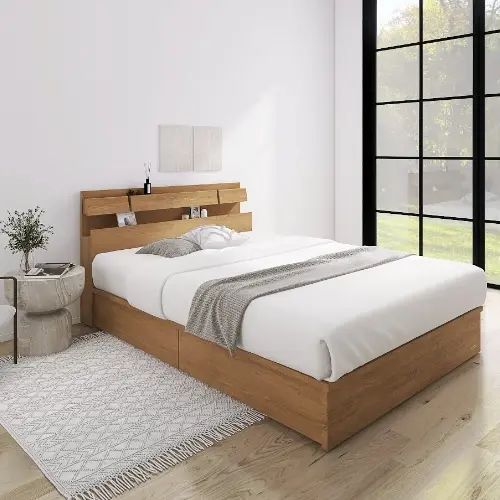 [ベッド シングル] フランスベッド 幅98cm 収納付き すのこ 照明付き マットレス付き 棚付き コンセント付き 引き出し付き 防ダニ 抗菌 防臭 日本国産 モダン 北欧風 ナチュラル 木目調 フランスベッド 低ホルムアルデヒド ナチュラル 幅120cm 長さ206cm